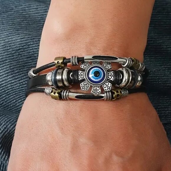 Bracelet Cuff Evil Third Eye Layered Stainless Leather Metal Beads Unisex Trendy - Picture 2 of 5